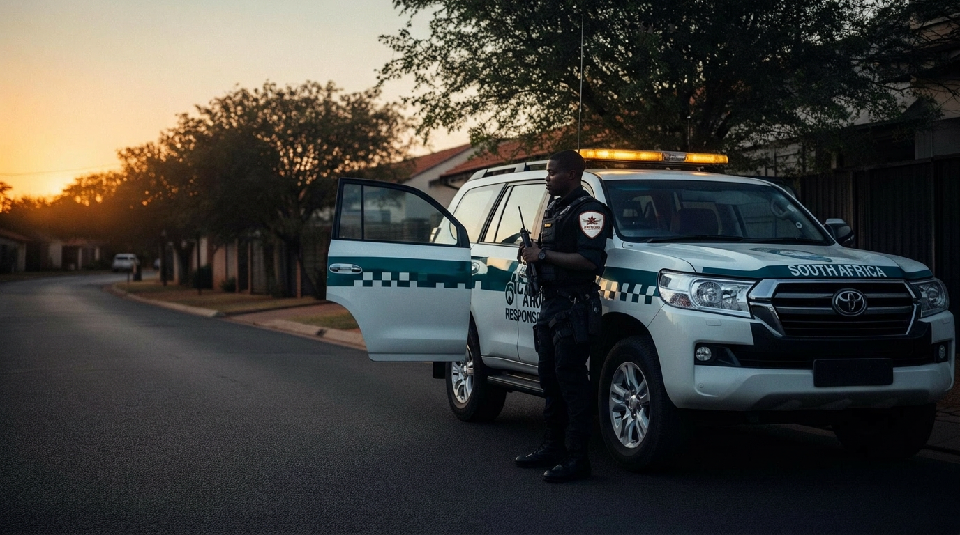 APDC armed response officer beside a marked response vehicle at dusk