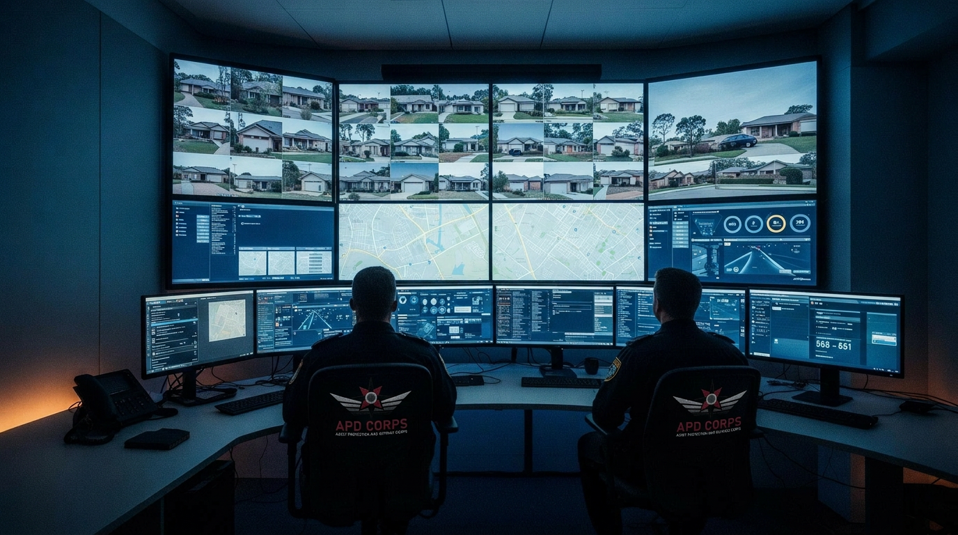 APDC 24/7 control room with operators monitoring live CCTV and GPS feeds